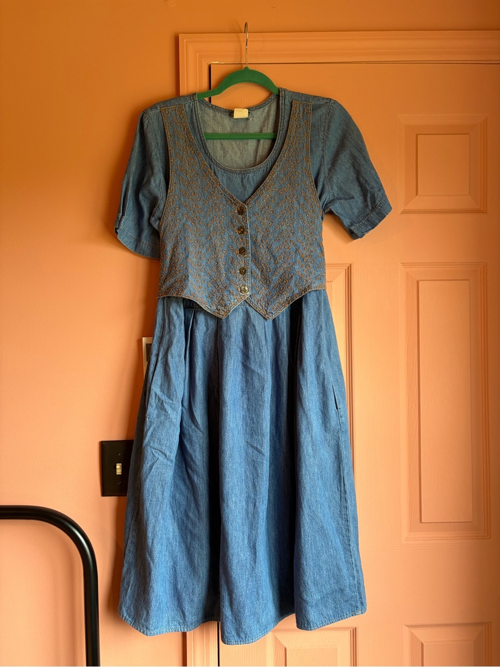 Cottagecore Vintage Women's Denim Dress with Embroidered Vest